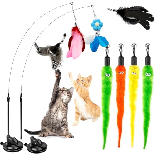 Tikysky Interaktives Katzenspielzeug Angel mit Feder- Intelligenz Spielzeug für Katzen Federspielzeug Mit Saugnapf für Kitten SelbstbeschäFtigung (13 STK Feder/Maus/Fisch) von Tikysky