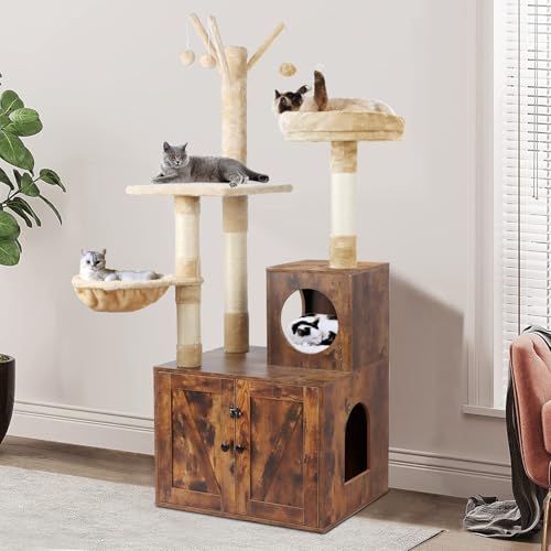 Timberer Katzenbaum Turm mit Katzentoilette Gehege 2 in 1 Holz Katzenhaus mit Sisal Kratzbaum Hängematte Braun von Timberer