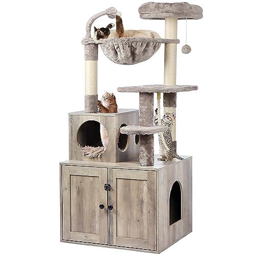 Timberer Katzenbaum mit Katzenklo Gehege, 2 in 1 Katzenturm für Wohnungskatzen, Große Katzenmöbel Holz Katzenhaus mit Korb, Kratzbäume, Pompons, Grau Timberer Katzenbaum mit Katzenklo Gehege, 2 in 1 Katzenturm für Wohnungskatzen, Große Katzenmöbel Holz Katzenhaus mit Korb, Kratzbäume, Pompons, Grau von Timberer