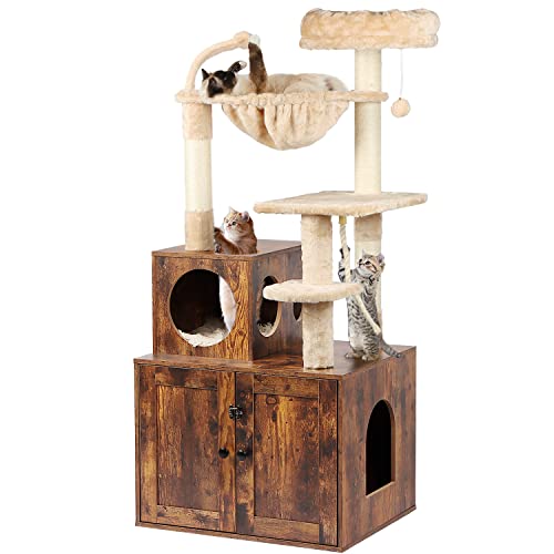 Timberer Kratzbaum mit Katzentoilettengehege, 2 in 1 Katzenturm für Indoor-Katzen, Groß Holz Katzenhaus mit Korb, Kratzstämme, Pompons, Rustikales Braun von Timberer
