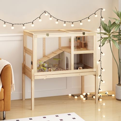 Timechee Meerschweinchenhaus für 2 mit Ständer, Kleintiere Kaninchenkäfige mit herausziehbarem Tablett, Holz 2-stöckig Indoor Groß Hamster Habitat Laufstall mit Rampe Versteck Plattform von Timechee