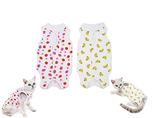 Tineer 2 Packs E-Collar Alternative für Katzen - Professioneller chirurgischer Heilanzug für Bauchwunden nach Operationen Tragen - Physiologische Kleidung für Kätzchen (L, Banana + Strawberry) von Tineer