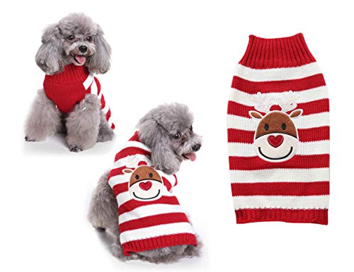 Tineer Haustier Sweater- Puppy Pullover Hoodie Sweater Shirt Strickwaren Halloween Weihnachten Cartoon warme Mantel Bekleidung für kleine mittlere Hunde Katzen Kaninchen (XL, Elch-roter Streifen) von Tineer