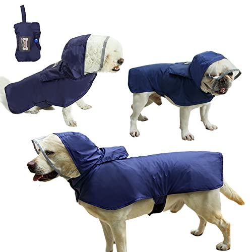 Tineer Wasserdichter Hunde-Regenmantel, tragbare, reflektierende Regenjacke für Haustiere mit Kapuzen-Slicker-Poncho für kleine, mittelgroße und große Hunde (L, Dunkelblau) von Tineer