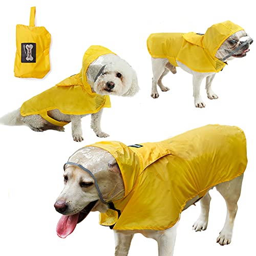 Tineer Wasserdichter Hunde-Regenmantel, tragbare, reflektierende Regenjacke für Haustiere mit Kapuzen-Slicker-Poncho für kleine, mittelgroße und große Hunde (M, Gelb) von Tineer