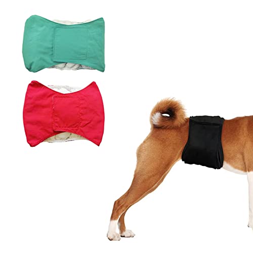 Tineer Wiederverwendbare Bauchbänder für Hunde, 2er-Pack Hundewindeln, waschbare, männliche Welpenwickel, saugfähige Hundewindeln, Bauchband für kleine, mittelgroße, männliche Hunde (M, Grün + Rot) von Tineer