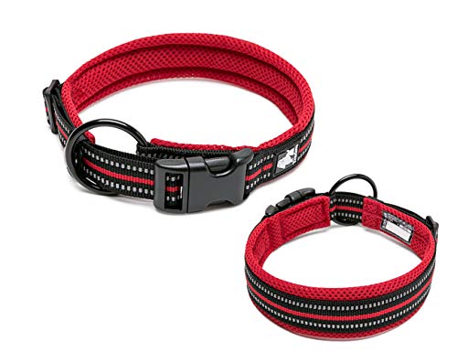 Tineer einstellbare reflektierende Nylon Hundehalsbänder gepolstert weich atmungsaktiv Mesh gepolsterte Halskette Halsband für alle Rassen Hundetraining(M (40-45cm), Red) von Tineer
