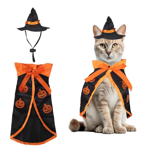 Halloween Katzenkostüm, Umhang und Hexenhut Set Verstellbares Kürbis Haustier Outfit Halloween Zauberer Kleidungszubehör Cosplay Karnevalsparty Zubehör für Katzen Hunde und Welpen von Tinoaly