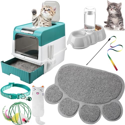 7-teiliges Starter-Set für kleine Katzen und Kätzchen, Katzentoilette mit Schaufel, Katzenpfoten-Matte, doppelte automatische Katzennäpfe, Katzenspielzeug, Teaser Stick, Katzenhalsband, Essentials von Tioncy