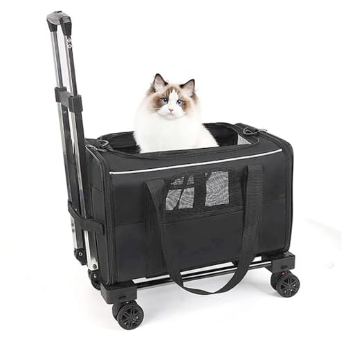 Haustiertransporter mit Rädern, Aluminiumrahmen Katze Trolley Tasche Atmungsaktive Oxford Tuch Rolling Dog Travel Carrier mit 360 ° & ausziehbarer Griff für Flugzeug Auto Zug (Black with White Edges) Haustiertransporter mit Rädern, Aluminiumrahmen Katze Trolley Tasche Atmungsaktive Oxford Tuch Rolling Dog Travel Carrier mit 360 ° & ausziehbarer Griff für Flugzeug Auto Zug (Black with White Edges) von Tissting
