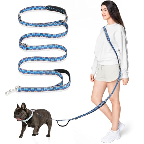 Tivray Hände Frei Hundeleine mit Schwamm Griff, 8,5ft Vielseitig Crossbody Taille Leine mit 3 Ringen für Welpen, Kleine&Mittlere Hunde, Einfach Einzustellen Hände Frei Leine, Geometrische Blau von Tivray