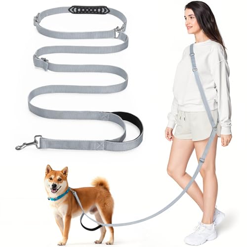 Tivray Hände Frei Hundeleine mit Schwamm Griff, 8,5ft Vielseitig Crossbody Taille Leine mit 3 Ringen für Welpen, Kleine&Mittlere Hunde, Einfach Einzustellen Hände Frei Leine für Laufen Joggen, Grau von Tivray