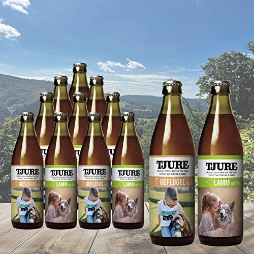 TJURE Hunde-Fleischsmoothie 10 + 2 x 320ml Mixaktion 6 x Geflügel + 6 x Lamm - Flüssignahrung für Hunde zu Hause und unterwegs - Optimale Flüssigkeitszufuhr für aktive Hunde & trinkfaule Vierbeiner von Tjure