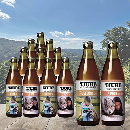 TJURE 320ml Hundesmoothie 10 + 2 Spar Aktion 6 x Pute + 6 x Geflügel - Flüssignahrung für Hunde zu Hause und unterwegs - Optimale Flüssigkeitszufuhr für aktive & trinkfaule Hunde von Tjure