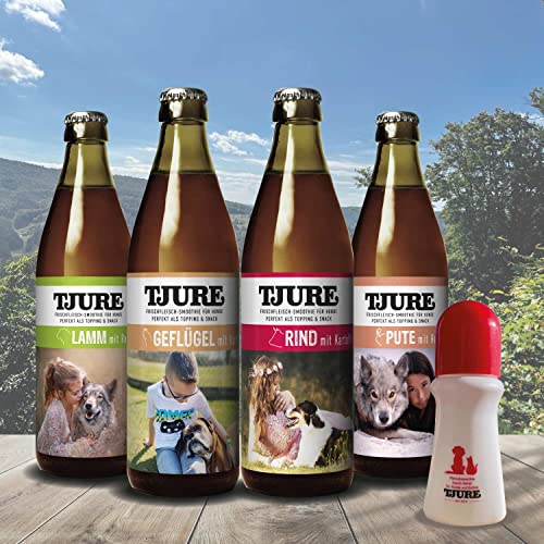 TJURE Hund - All in One 4 x 320 ml für Hunde - Alle 4 leckeren Sorten Hunde-Fleischsmoothie im Vorteilspaket + Snack-Roller von Tjure