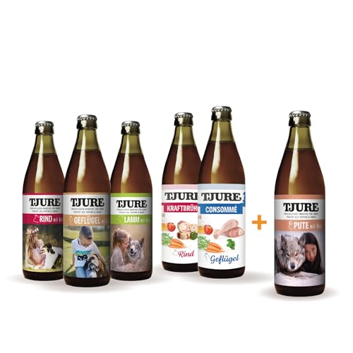 TJURE Kraftbrühe + TJURE Fleischsmoothie 6X 320ml Sparaktion Geflügel, Rind und Lamm für Hunde - Optimaler Energielieferant von Tjure