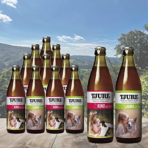 TJURE Hunde-Fleischsmoothie 320ml 10 + 2 Mixaktion 6 x Lamm + 6 x Rind - Flüssignahrung für Hunde zu Hause und unterwegs - Optimale Flüssigkeitszufuhr für aktive & trinkfaule Hunde von Tjure