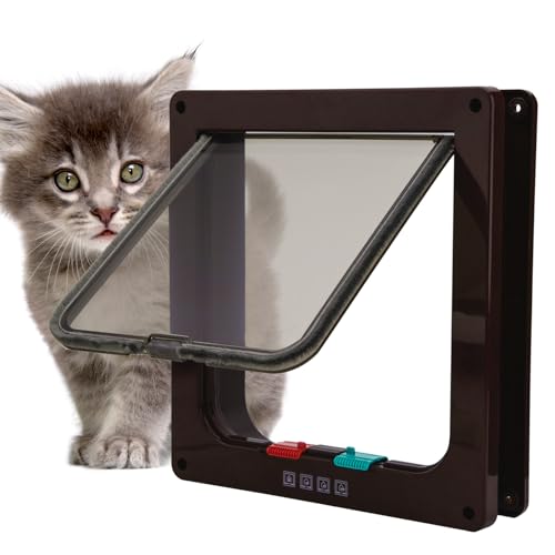 TKOOFN Klassische Katzenklappe Hundeklappe - 4 Wege Verschluss Katzentür Katzenklappe Haustier Tür Freilauftür für Katze, Kätzchen, kleinen Hund (Braun, S - 19 x 19.8 x 1.9cm) von Tkoofn