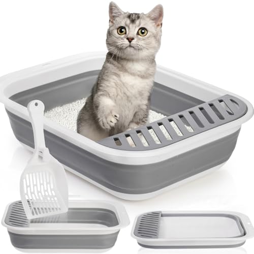 Tlence Zusammenklappbare Katzentoilette, offene Oberseite, faltbares Kätzchen-Töpfchen mit Schaufel, groß, flach, spritzsicher, Reise-Katzentoilette, halbgeschlossene, höhenverstellbare Seiten, kleine Tlence Zusammenklappbare Katzentoilette, offene Oberseite, faltbares Kätzchen-Töpfchen mit Schaufel, groß, flach, spritzsicher, Reise-Katzentoilette, halbgeschlossene, höhenverstellbare Seiten, kleine von Tlence