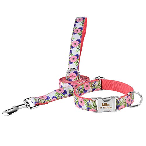 Tlwrnop Hundeleine Set S-Medium Groß Personalisierte Hundehalsband Blume Benutzerdefinierte Gravur Name ID Tag Zubehör Hundehalsbänder Tierbedarf-Pink_Set_L von Tlwrnop