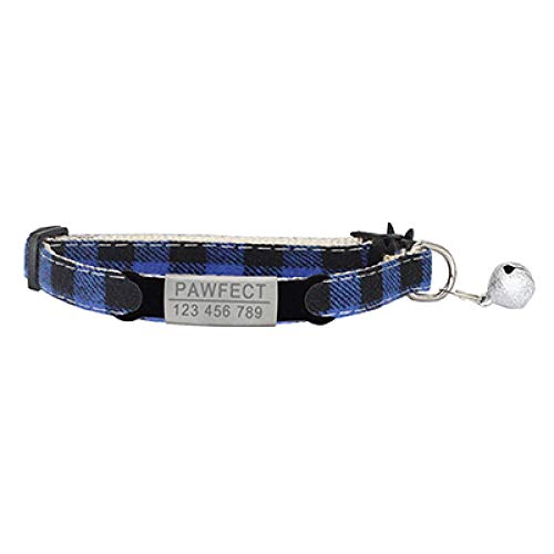 Tlwrnop Plaid Cat Collar Personalisierte ID Gravur Safety Breakaway Small Dog Cute   Einstellbar für Welpen Kätzchen Halskette-Z-Blue_Sliver_19-32cm von Tlwrnop