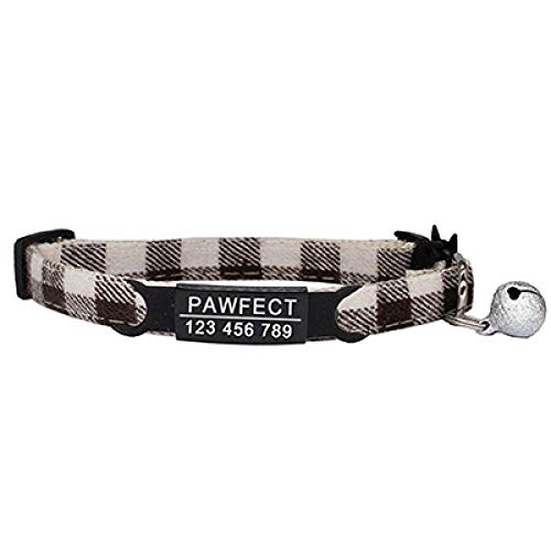 Tlwrnop Plaid Cat Collar Personalisierte ID Gravur Safety Breakaway Small Dog Cute Einstellbar für Welpen Kätzchen Halskette-Z-Brown_Black_19-32cm von Tlwrnop