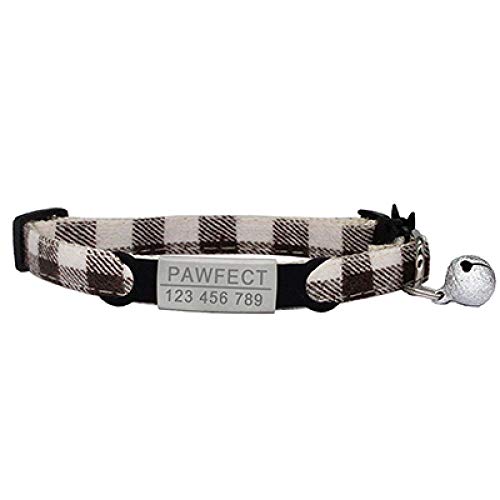 Tlwrnop Plaid Cat Collar Personalisierte ID Gravur Safety Breakaway Small Dog Cute   Einstellbar für Welpen Kätzchen Halskette-Z-Brown_Sliver_19-32cm von Tlwrnop