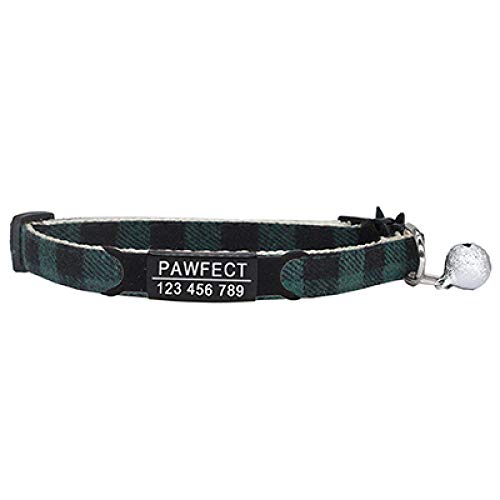 Tlwrnop Plaid Cat Collar Personalisierte ID Gravur Safety Breakaway Small Dog Cute Einstellbar für Welpen Kätzchen Halskette-Z-Green_Black_19-32cm von Tlwrnop