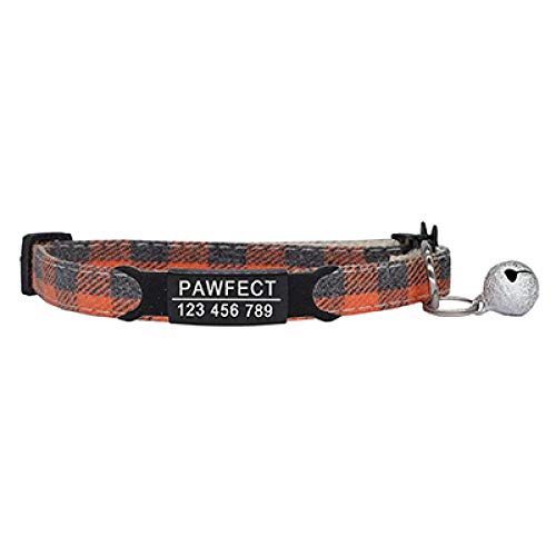 Tlwrnop Plaid Cat Collar Personalisierte ID Gravur Safety Breakaway Small Dog Cute Einstellbar für Welpen Kätzchen Halskette-Z-Orange_Black_19-32cm von Tlwrnop