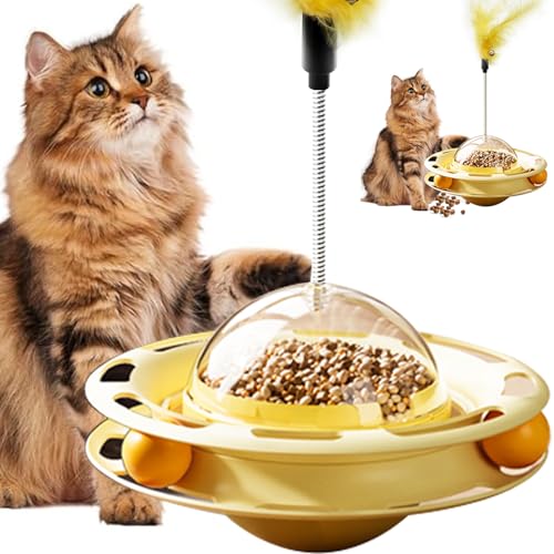 Katzenspielzeug Ballspur, Katzenball Spielzeug mit Feder Katze Teaser, Katzenleckerli Spender Spielzeug mit Interaktivem Katzenspielzeug für Indoor Katzen Spielzeug Slow Feeder Treat Ball Katze Puzzle von Tmeng