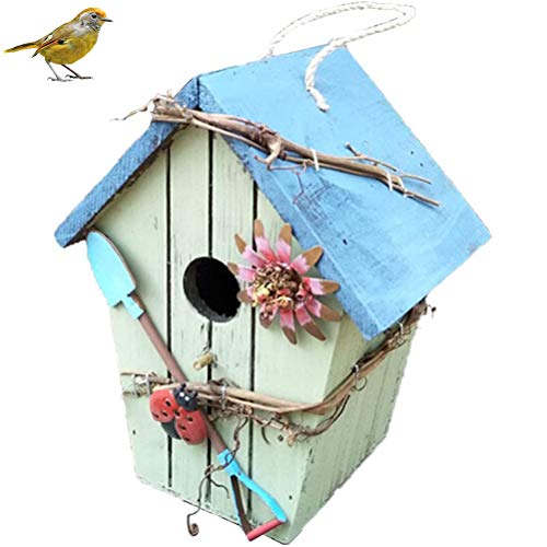 Handbemaltes Vogelhaus, Hängende Vogelhaus-Gartendekoration für den Außenbereich mit Metalldach und Seil (Blue) von Tnfeeon