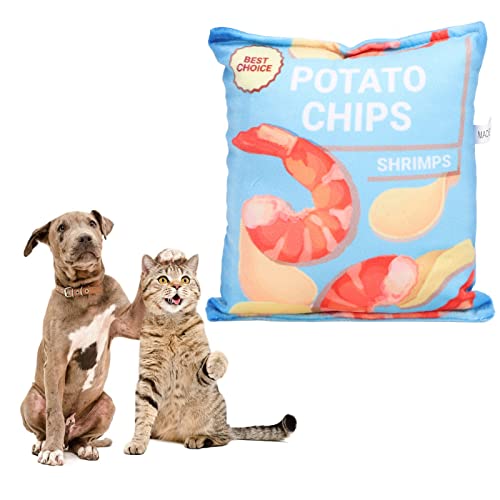 Kartoffelchips Plüsch-Hundespielzeug Quietschendes Interaktives Hundespielzeug Eingebautes Rasselndes Papier Bissfeste Quietschende Snacktasche Hundespielzeug für Welpen (Frische Garnelen blau) von Tnfeeon