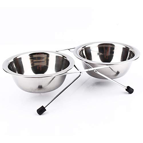 Tnfeeon Hundekatze Futter- und Wasserschalenständer Double Feeder Dishes mit 2 Edelstahlschalen und Retro Eisenständer von Tnfeeon