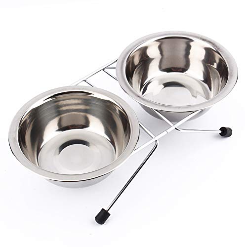 Tnfeeon Hundekatze Futter- und Wasserschalenständer Double Feeder Dishes mit 2 Edelstahlschalen und Retro Eisenständer von Tnfeeon