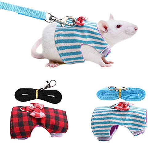 Tnfeeon Pet Rabbit Traktionsseil, Pet Small Animal Bunny Hamster Geschirr Brustgurt Rotes Gitter + Blaue Streifen 2 Stück(XS) von Tnfeeon