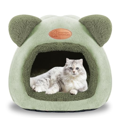 Katzenhöhle Katzenbett Waschbare Halbgeschlossen Katzenzelt Katzenkorb katzenhäuschen Betten zum Schlafen für Kleine bis Mittlere Größe Katze（Grün） von ToKinCen