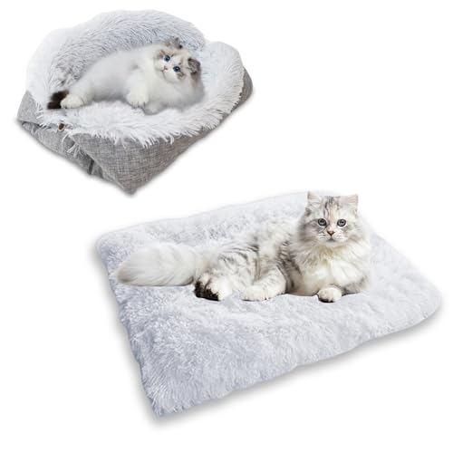 ToKinCen Katzenbett Haustierbett für Katzen und Kleine Hunde - 2 in 1 Waschbares Plüsch Hundebett - Weiche Flauschige Matte Katzensofa Katzendecke (Grau) von ToKinCen