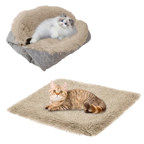 ToKinCen Katzenbett Haustierbett für Katzen und Kleine Hunde - 2 in 1 Waschbares Plüsch Hundebett - Weiche Flauschige Matte Katzensofa Katzendecke (Braun) von ToKinCen