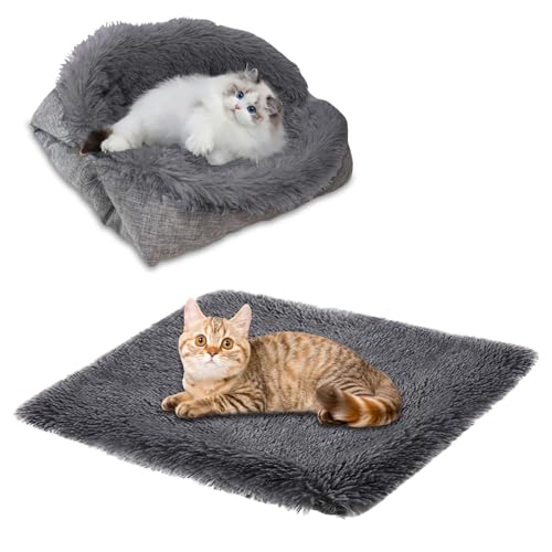 ToKinCen Katzenbett Haustierbett für Katzen kleine Hund Waschbare 2 in 1 Katzenbett Plüsch Weich Schlafen Katzenbett Hundebett Katzensofa Flauschiges Matte Katzenbett Katzendecke (dunkelgrau) von ToKinCen