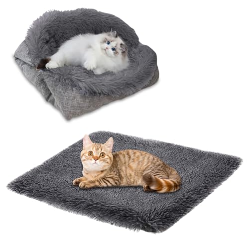 ToKinCen Katzenbett Haustierbett für Katzen und Kleine Hunde - 2 in 1 Waschbares Plüsch Hundebett - Weiche Flauschige Matte Katzensofa Katzendecke (Dunkelgrau) von ToKinCen
