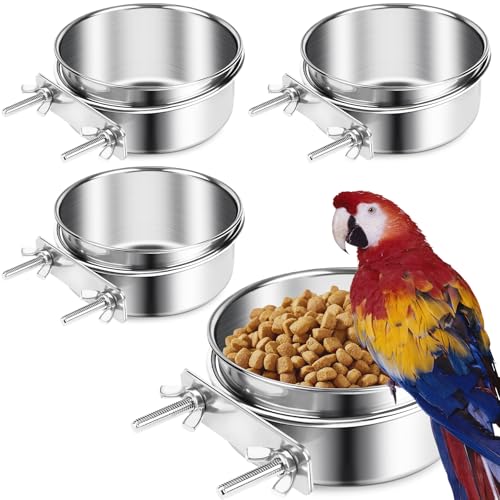 ToLanbbt 4 Stück Edelstahl-Vogelfutterschalen mit Klemmhaltern, Papageien-Futterschale für Papageien, Käfigstall, Futterspender für Nymphensittiche, Sittiche, Sittiche, Aras, Kleintiere, M von ToLanbbt