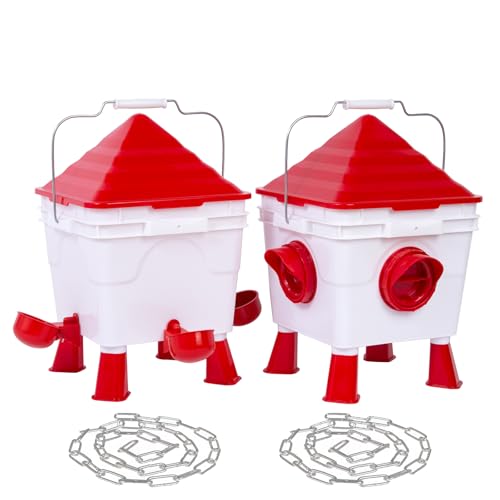 Todeco Futterautomat Hühner und Hühnertränke Set, 6Kg Hühner Futterautomat und 8L Automatische Wasserversorgung für Geflügel mit 4 Öffnungen & 4 Näpfen, verstellbaren Beinen und Stahlketten von Todeco