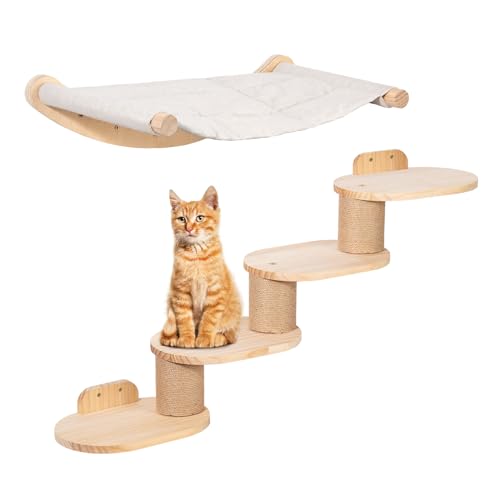 Todeco Kletterwand Katzen Wandmontage inkl. Katzentreppe & Katzenhängematte, Vierstufige Katzenkletterwand mit Jute-Kratzen für Katzen & Rutschfester Matte, 2 in 1 katzenleiter Katzenmöbel von Todeco