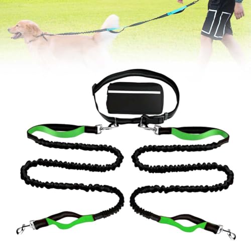Joggingleine Hunde, Laufleine Freihandleine für Hunde, Bauchgurt Freihändige Hundeleine mit bauchgurt zum Joggen Laufen Wandern mit Dual Griffe, Reflektierende Nähte (Double Rope, Grün) von Toerjii