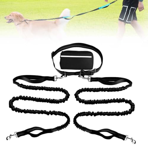 Joggingleine Hunde, Laufleine Freihandleine für Hunde, Bauchgurt Freihändige Hundeleine mit bauchgurt zum Joggen Laufen Wandern mit Dual Griffe, Reflektierende Nähte (Double Rope, Schwarz) von Toerjii