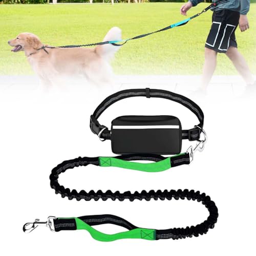 Joggingleine Hunde, Laufleine Freihandleine für Hunde, Bauchgurt Freihändige Hundeleine mit bauchgurt zum Joggen Laufen Wandern mit Dual Griffe, Reflektierende Nähte (Single Rope, Grün) von Toerjii