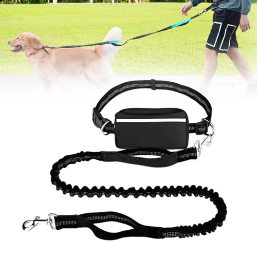 Joggingleine Hunde, Laufleine Freihandleine für Hunde, Bauchgurt Freihändige Hundeleine mit bauchgurt zum Joggen Laufen Wandern mit Dual Griffe, Reflektierende Nähte (Single Rope, Schwarz) von Toerjii