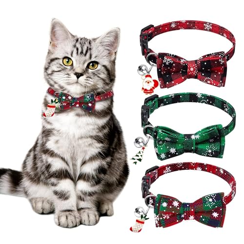 TogtherKings 3 Stück Weihnachten Katzehalsband, weich verstellbar Weihnachten Schneeflocken Plaid Fliege Kragen mit Glocke Sicherheit Schnellverschluss für Xmas Kostüm von Kätzen und Hündchen von TogtherKings