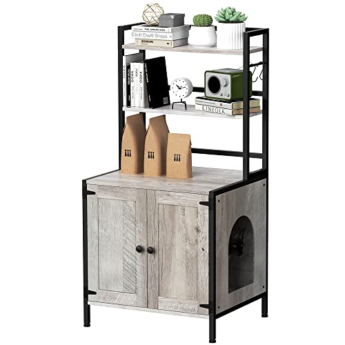 Tohomeor Katzentoilette mit Regalen und Türen, Vintage Holz versteckte Katzentoilette Möbel Industrie Indoor Katzenhaus Waschraum Haustierkiste Aufbewahrungsschrank (Grau) von Tohomeor