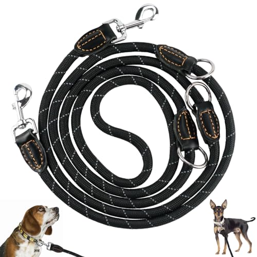 Toivize Hundeleine Große Hunde, 3m Verstellbare Doppelleine aus Nylon mit Reflektierendem Streifen mit 2 Karabinerhaken und 3 Ringen, Schwarz von Toivize